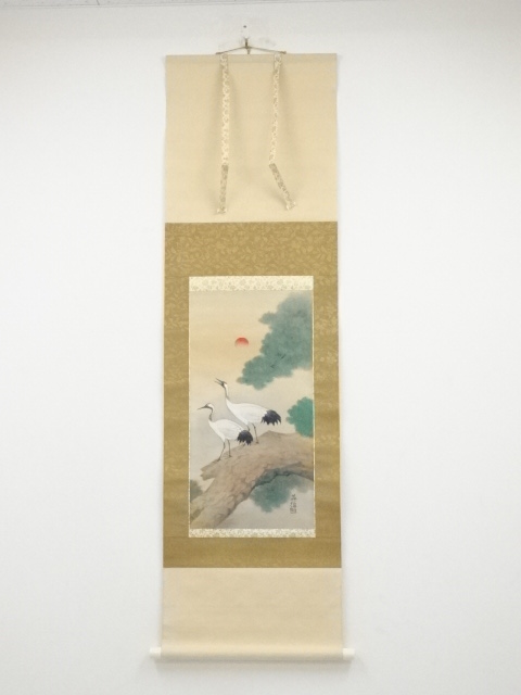 JAPANESE HANGING SCROLL / HAND PAINTED / PINE & CRANE / BY HIDEO TANIGUCHI